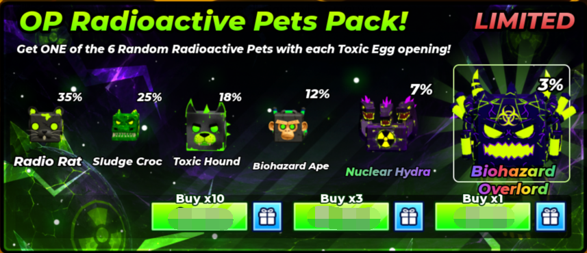 Muscle Legends OP Radioactive Pets Pack×10