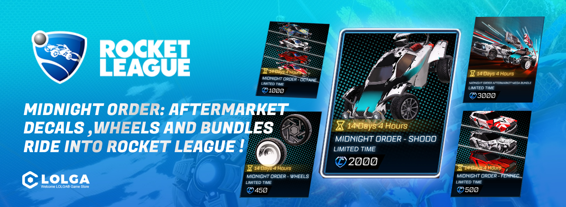 Midnight Order: Aftermarket Decals ,Wheels and Bundles Ride into Rocket league !