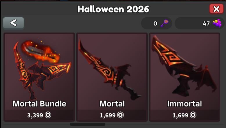 In-game MM2 Halloween 2026 shop displaying Mortal Bundle, Mortal and Immortal with Robux prices