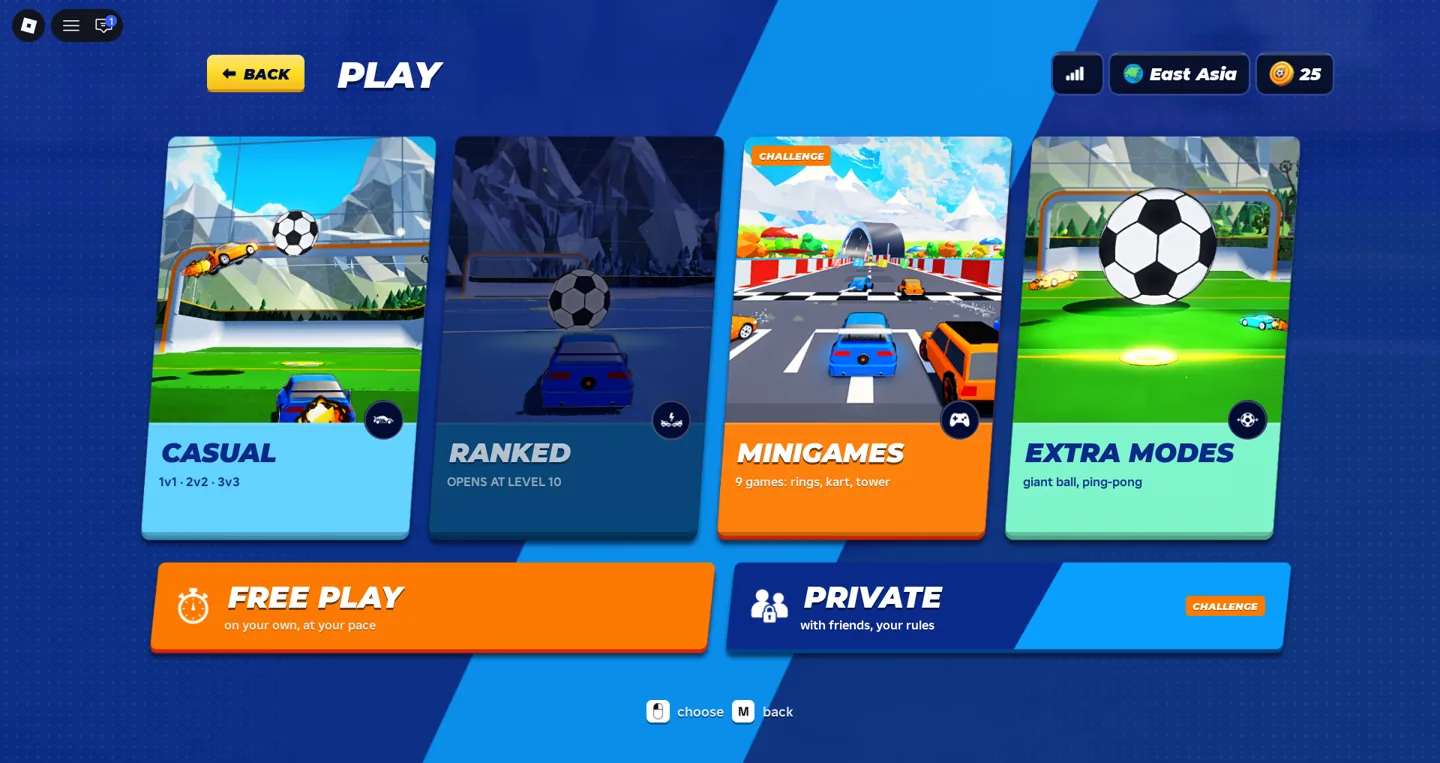 Turbo Soccer Beta Play menu showing Casual, Ranked, Minigames, Extra Modes, Free Play, and Private