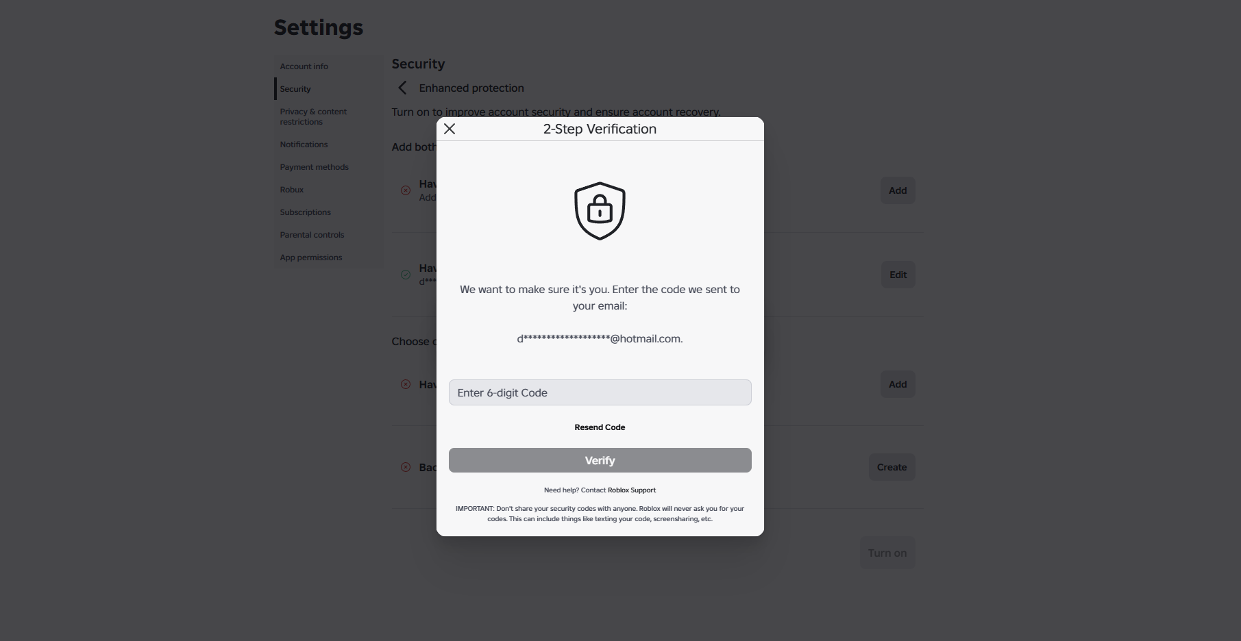 Roblox two-step verification dialog