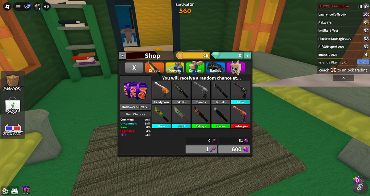 Halloween Box 26 screen showing seasonal weapons, rarity odds and opening cost