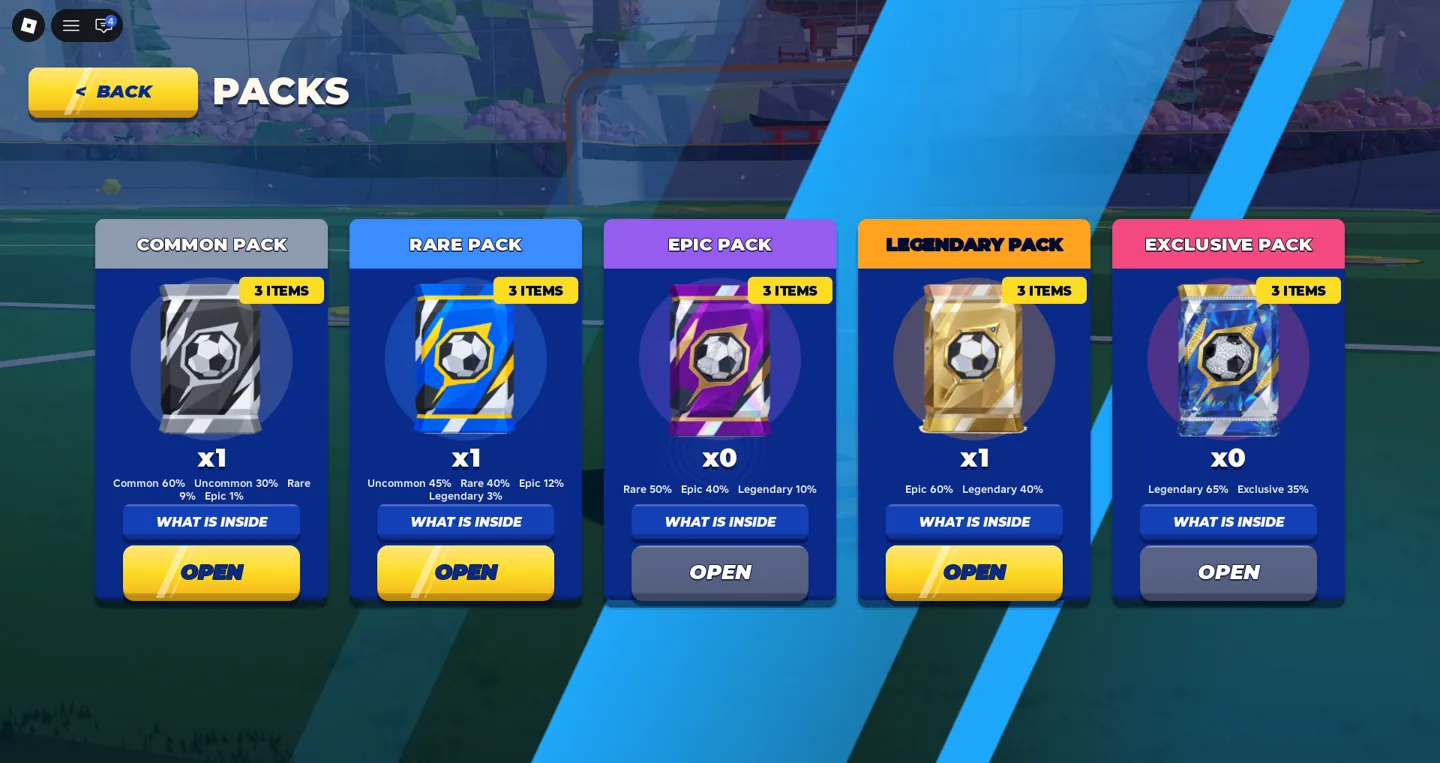Turbo Soccer Packs menu with Common Rare Epic Legendary and Exclusive rewards