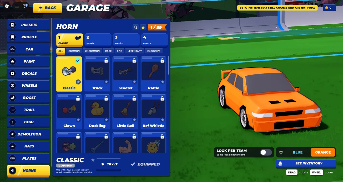 Turbo Soccer Garage screenshot displaying an orange car and customization tabs