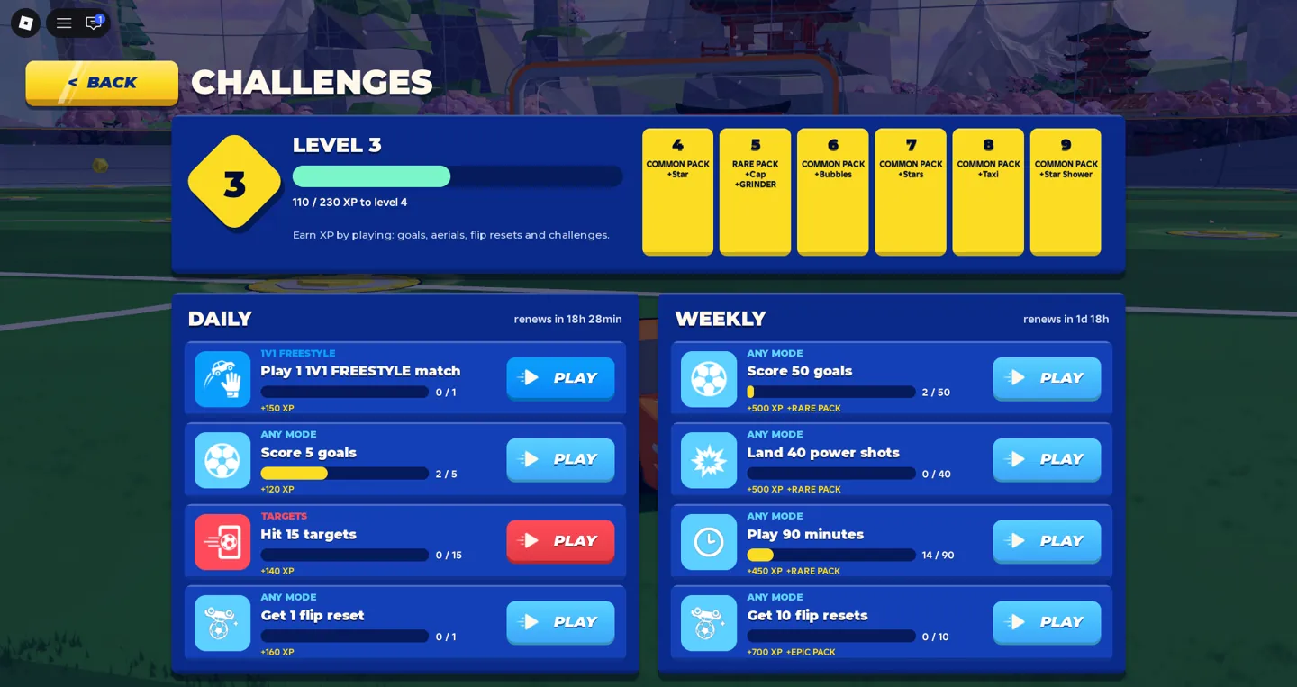 Turbo Soccer daily weekly challenges with task goals and level experience
