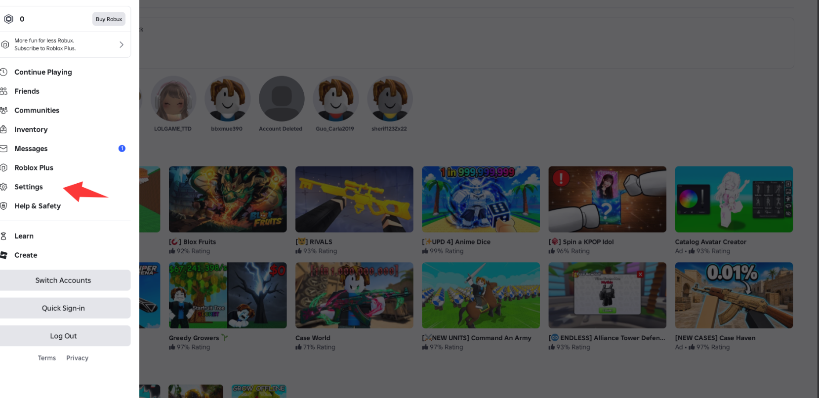 Roblox account menu showing Settings