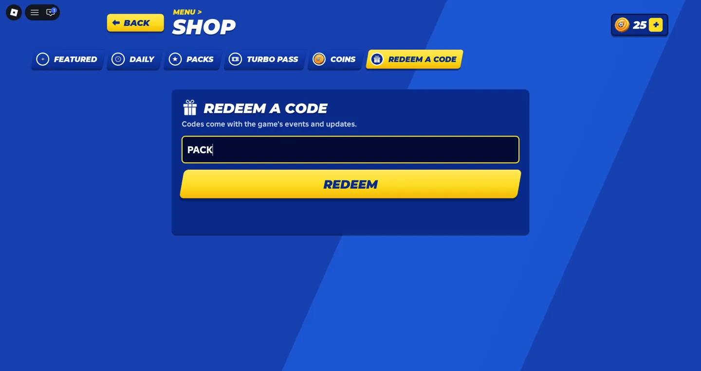 Turbo Soccer Shop redeem a code screen with the text field and yellow Redeem button