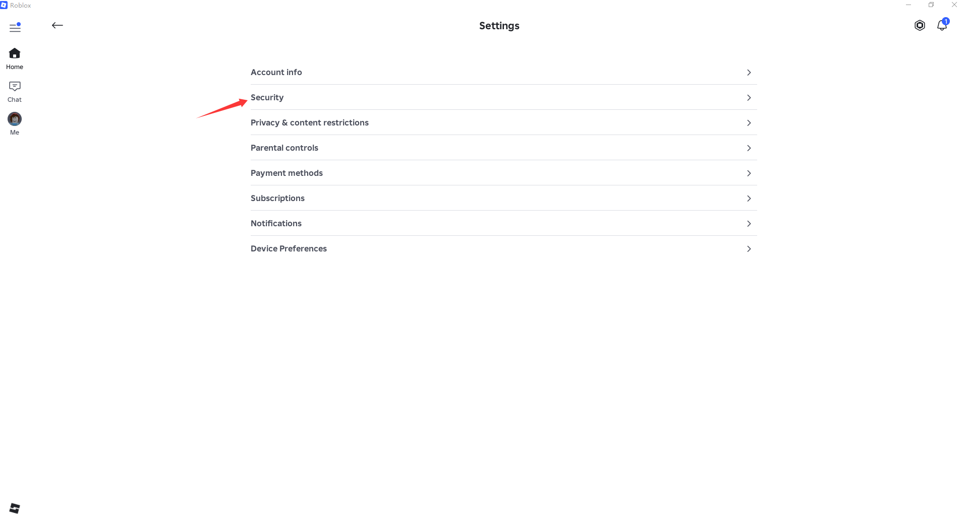 Roblox Settings page showing Security