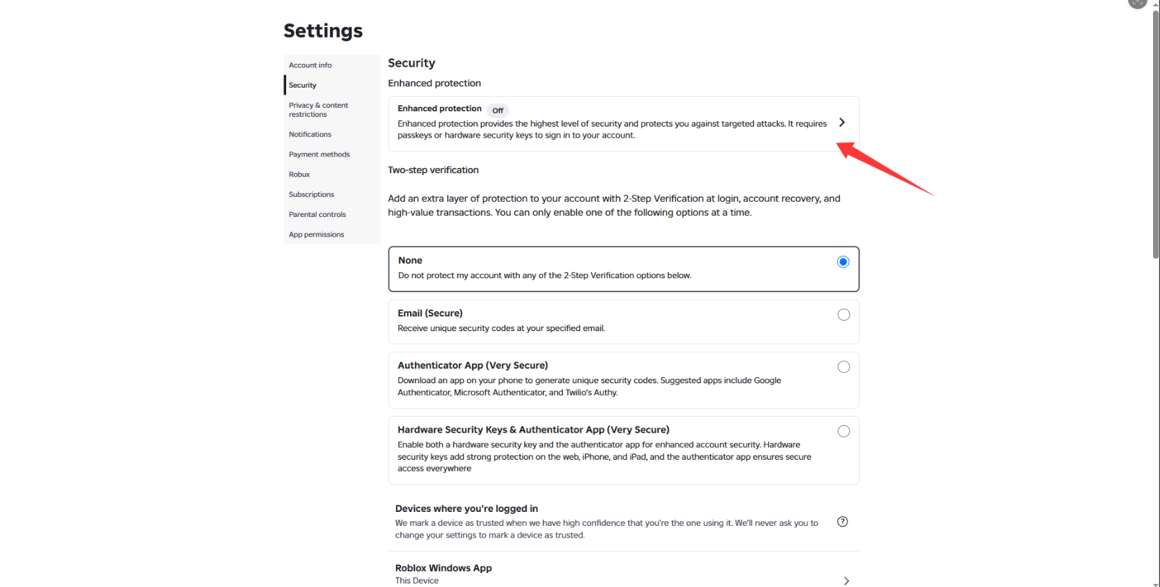 Roblox Security page showing Enhanced Protection