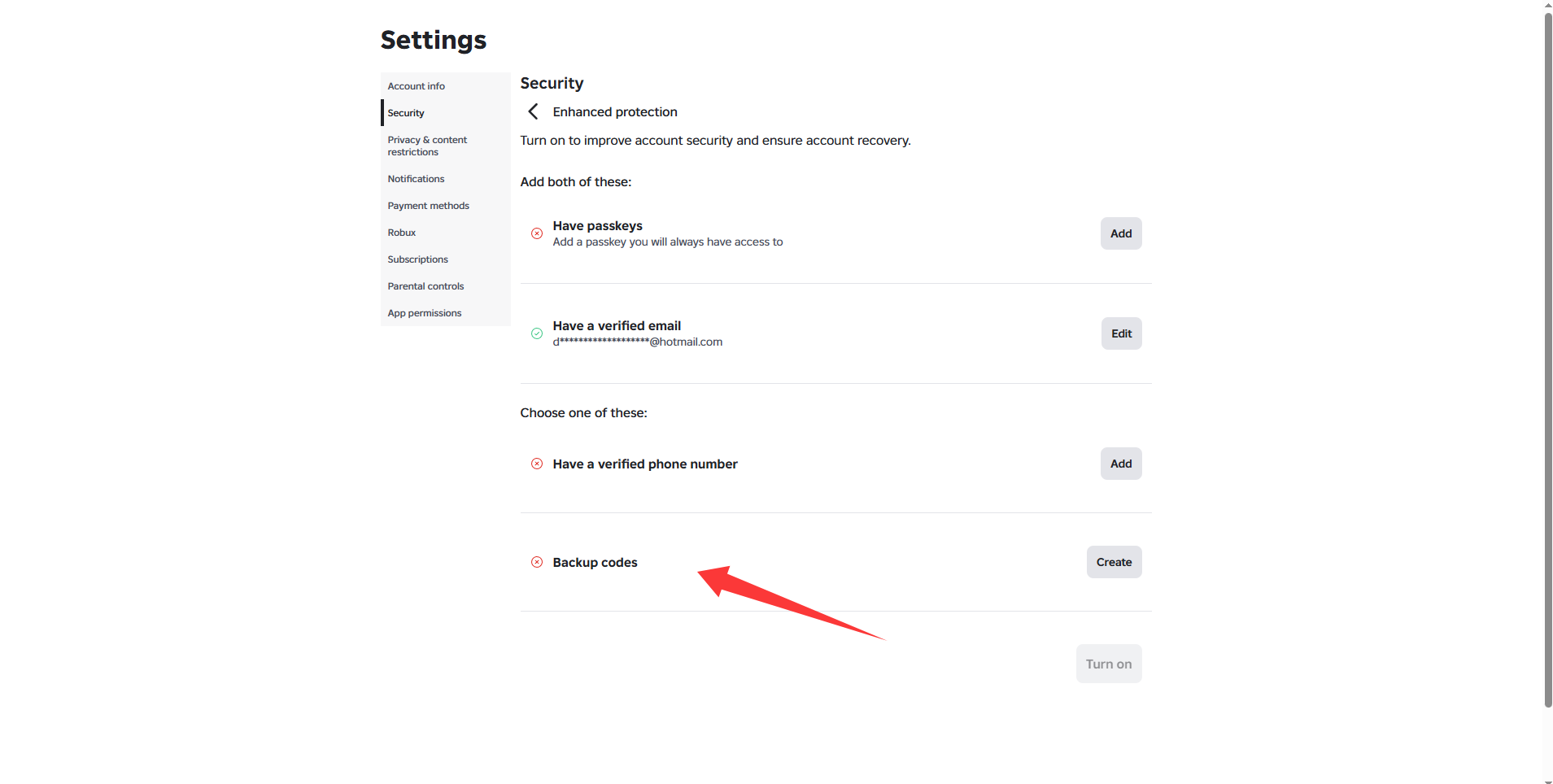 Roblox Backup Codes option in Security settings