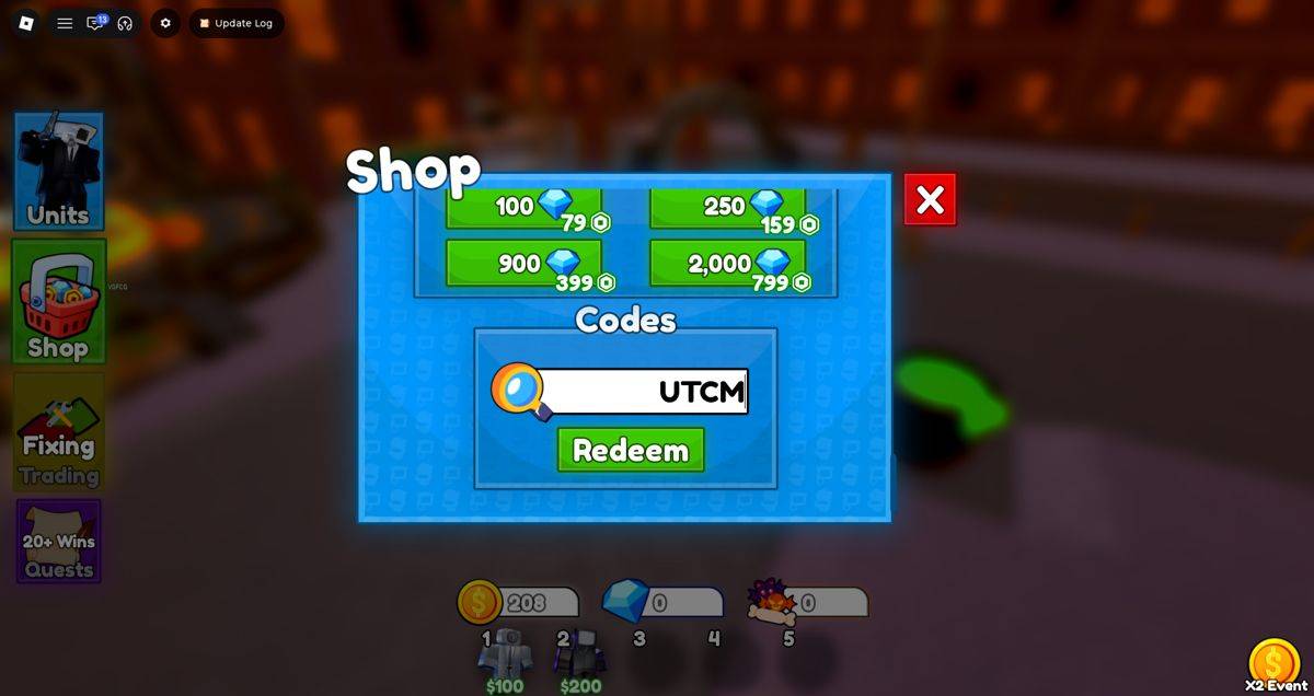 Code redemption field in Cameraman Tower Defense