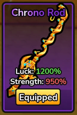 Chrono Rod equipped in Deep Fishing, showing 1200% Luck and 950% Strength