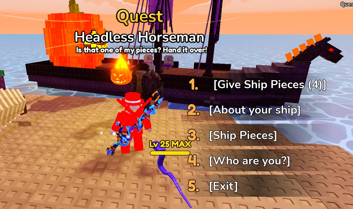 Headless Horseman dialog showing Give Ship Pieces 10 of 10