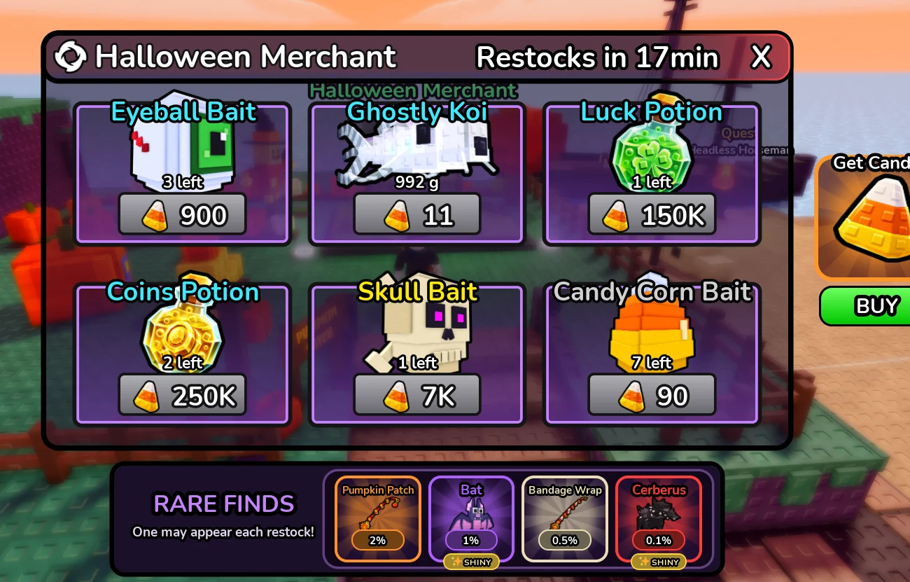 Halloween Merchant shop UI with restock timer and rare finds