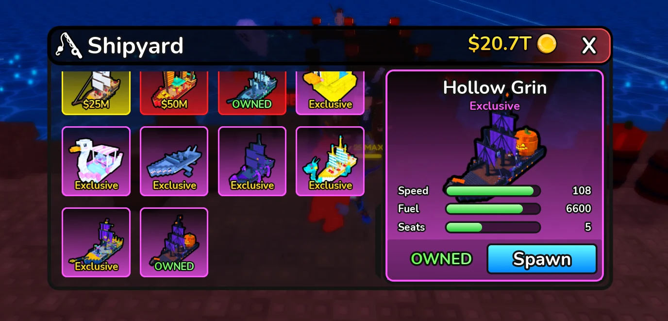 Shipyard listing showing Hollow Grin speed fuel seats and Spawn button
