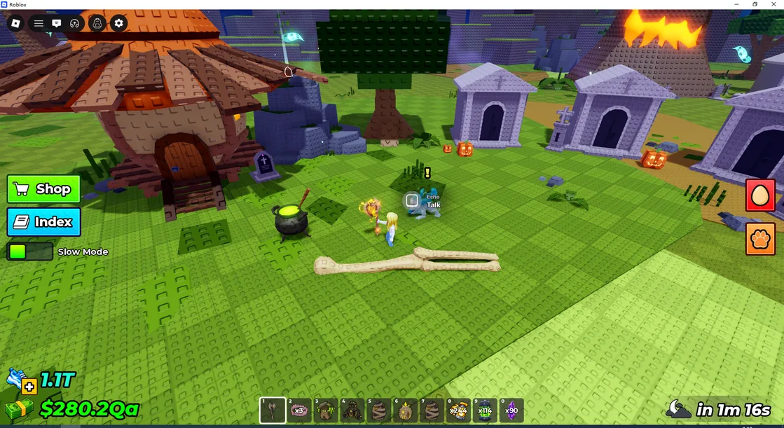 Echo the ghost dog beside a witch hut and mausoleums