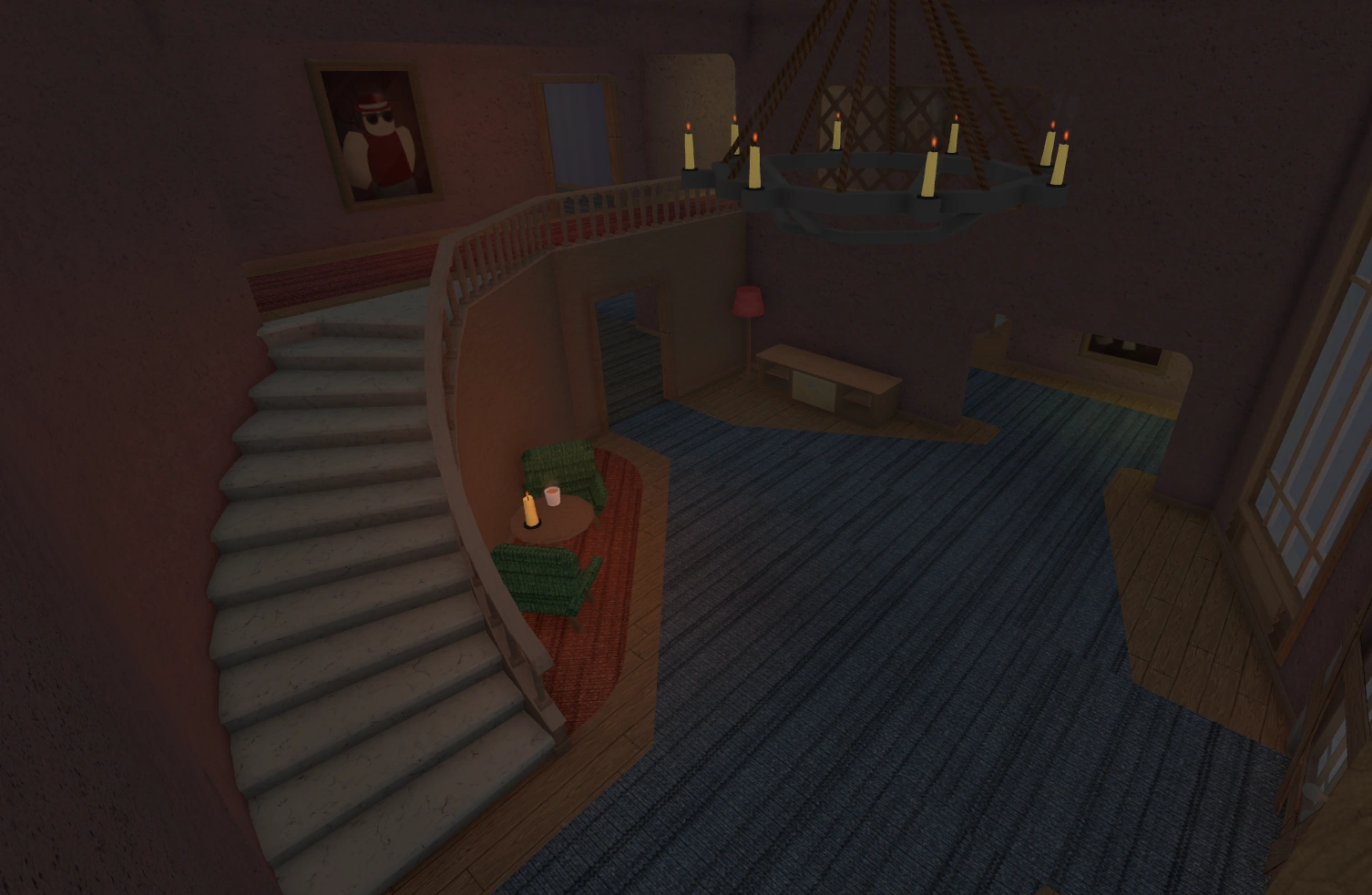 Historical Manor map interior in Murder Mystery 2, with a central stairwell and chandelier
