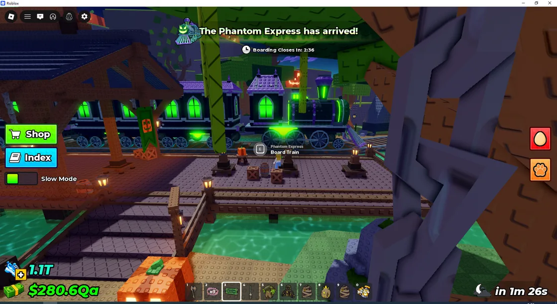 Phantom Express green ghost train arriving at the station