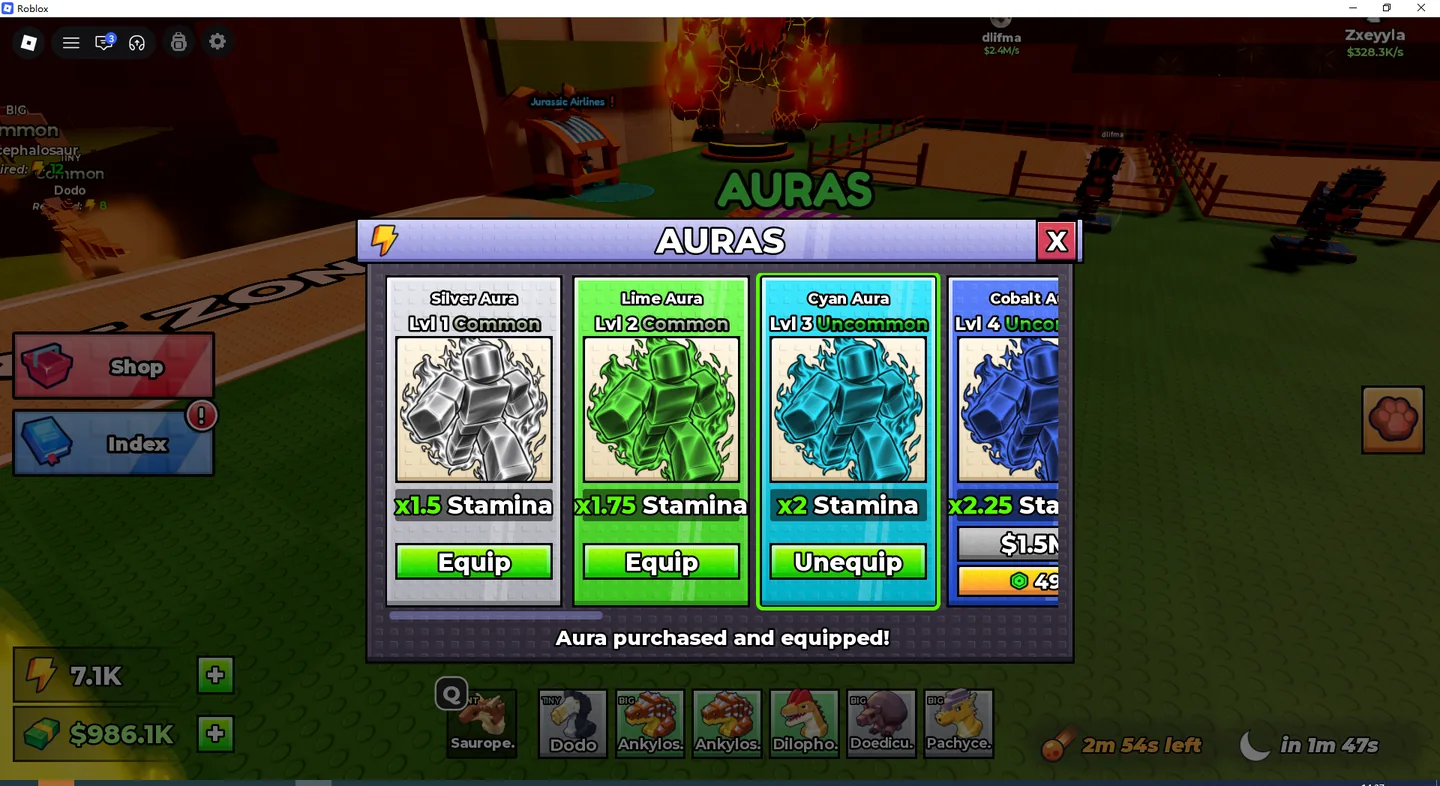 Ride a Dino Aura store screenshot showing Silver Lime Cyan and Cobalt multipliers