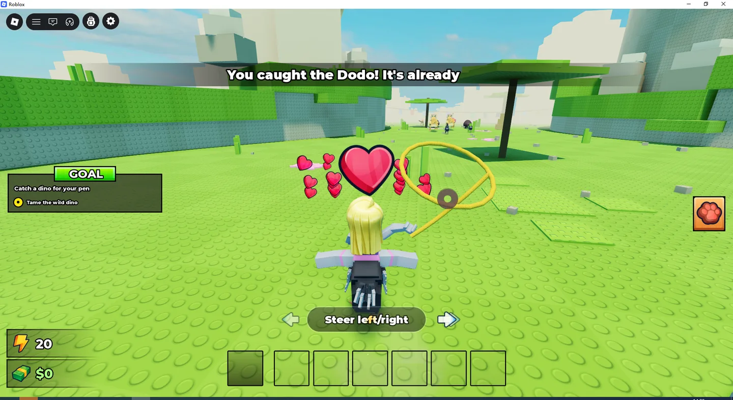 Ride a Dino pink heart effects and the message You caught the Dodo