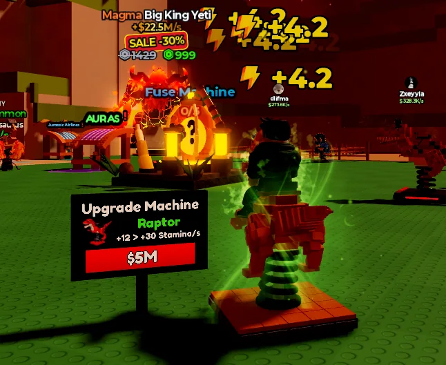 Ride a Dino Upgrade Machine and Stamina gains displayed in the Volcano base