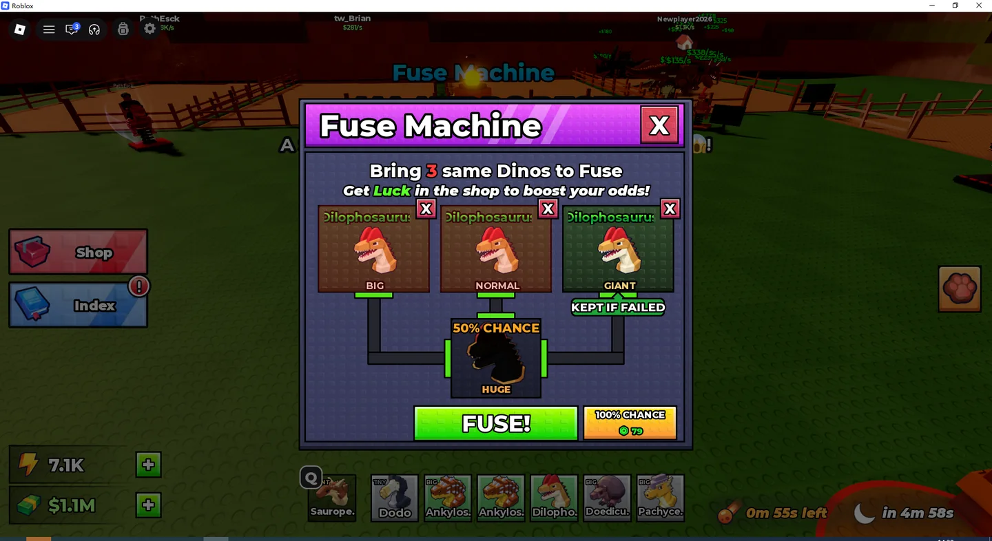 Ride a Dino Fuse Machine interface showing three matching dinosaurs and a fifty percent chance