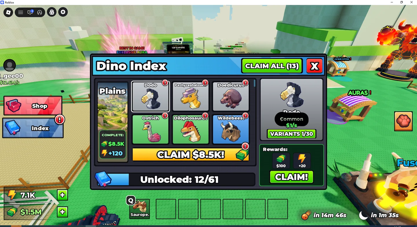 Ride a Dino Dino Index display showing Plains collection and a Claim rewards button