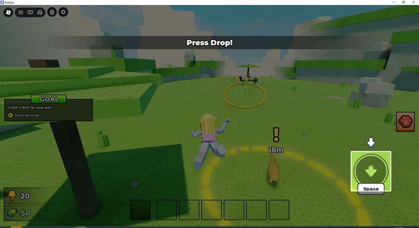 Ride a Dino character in the air with the Press Drop prompt