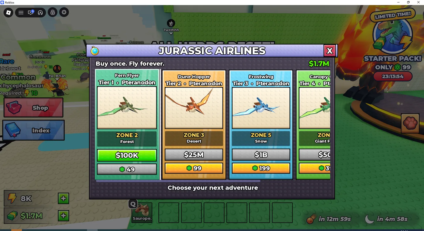 Ride a Dino Jurassic Airlines NPC menu with flight zones and prices