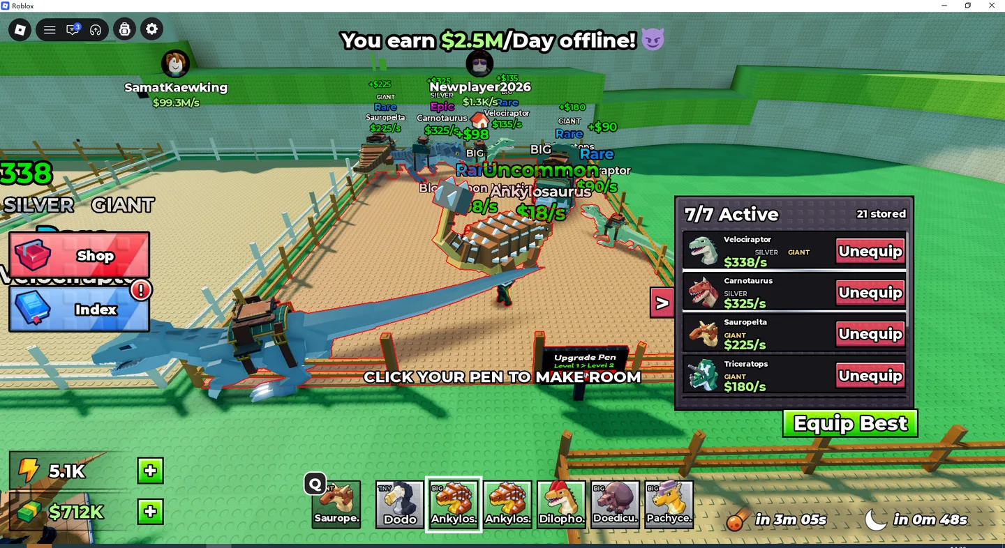 Ride a Dino Pen interface with active dinosaur slots and Equip Best option