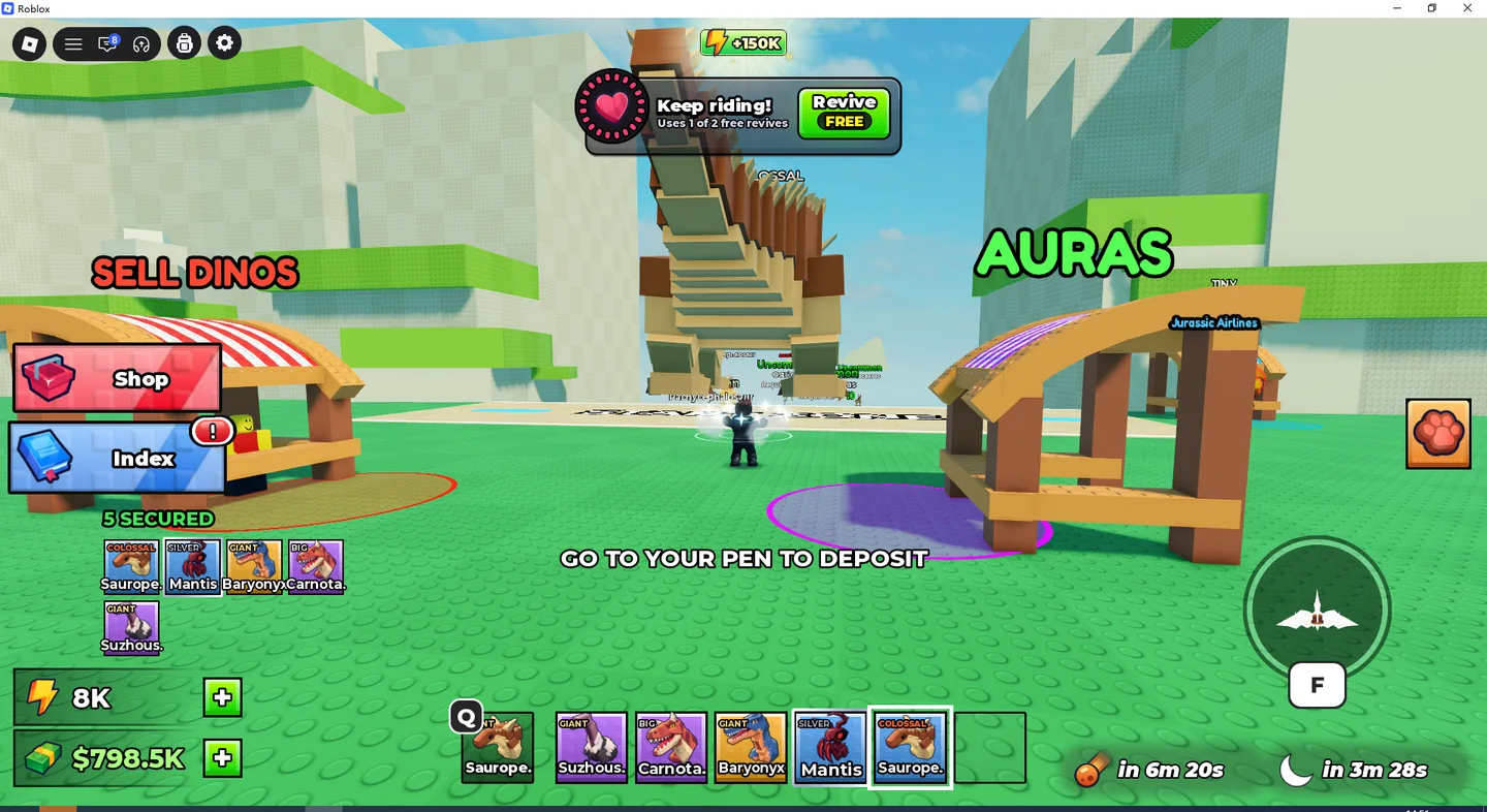 Ride a Dino base return screen with Dino pen shop and Aura stalls