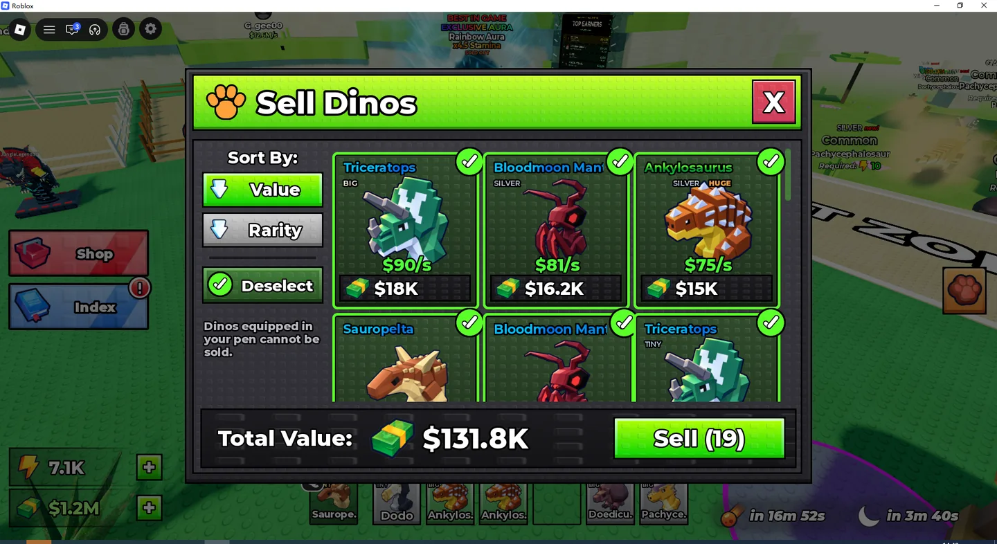Ride a Dino Sell Dinos interface showing selected duplicates and total cash value