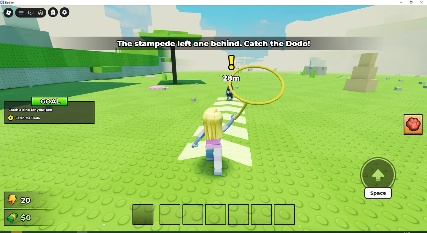 The Start Zone tutorial target and white arrows leading to a dinosaur in Ride a Dino