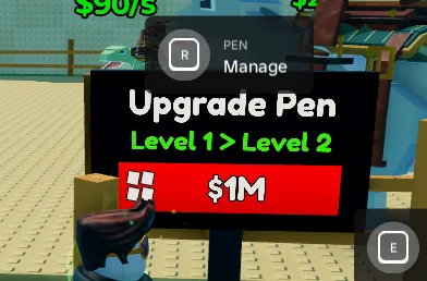 Ride a Dino upgrade Pen interface showing level one to level two for one million cash