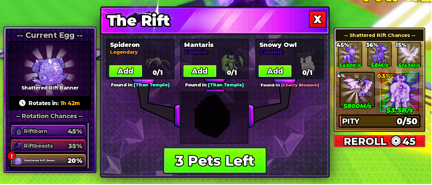The Rift menu in Steal an Egg showing the three requested animals and Banner rotation odds
