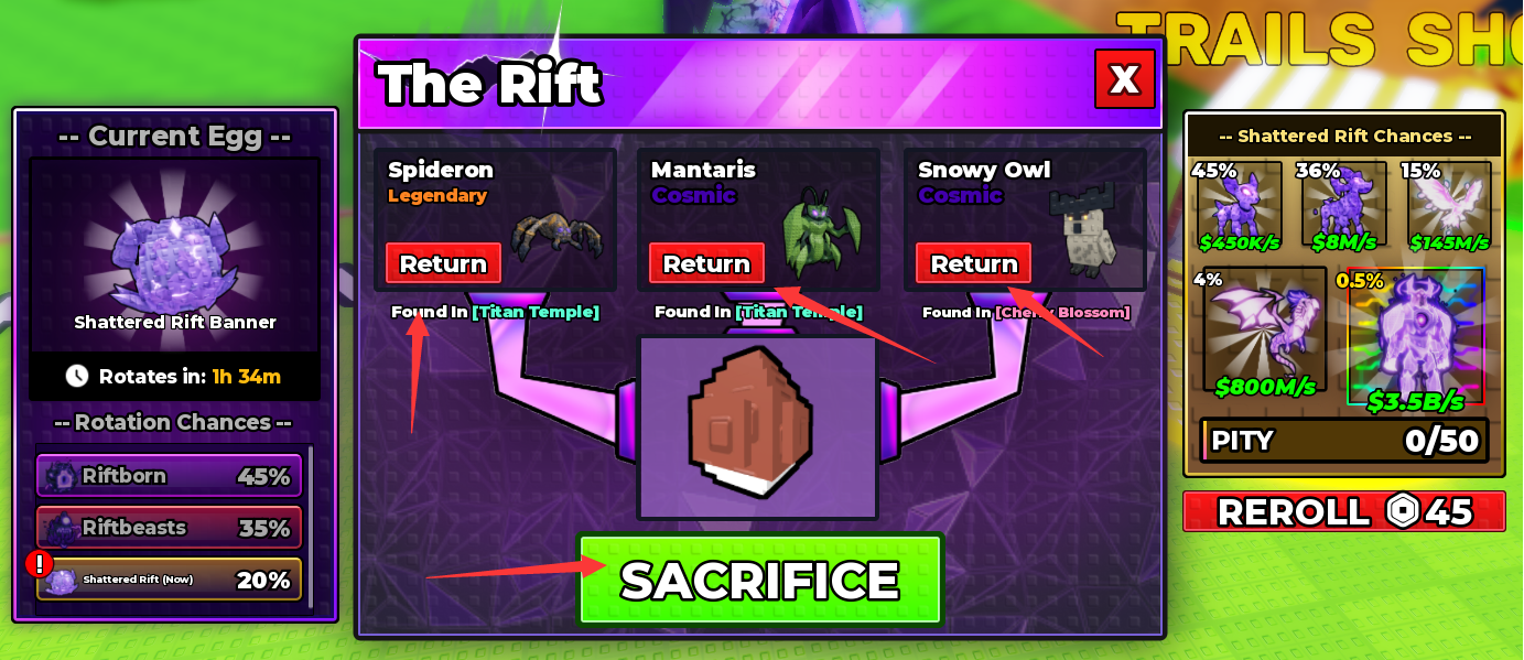 Confirming a Rift Sacrifice with all three requested animals in Steal an Egg