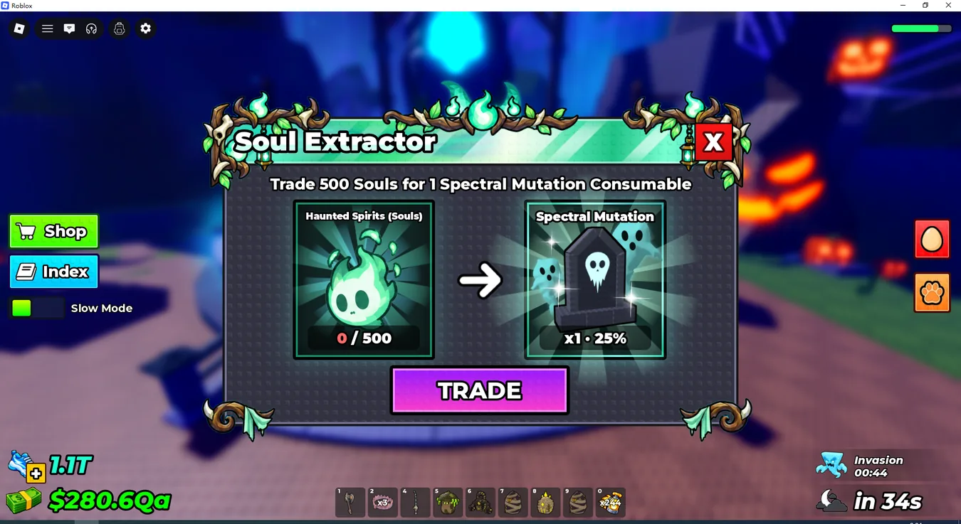 Soul Extractor showing 500 Souls for a Spectral Mutation Consumable with 25 percent shown