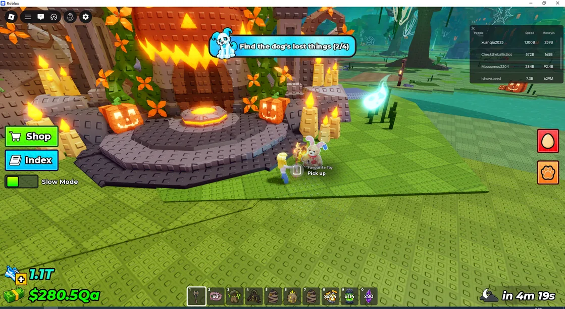White stuffed bunny beside the giant pumpkin altar